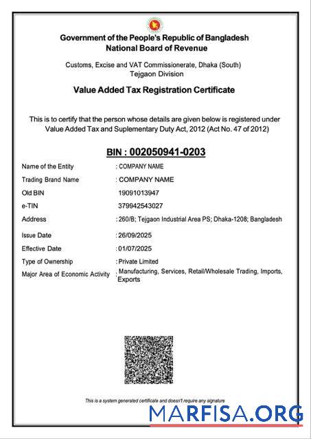 Downloadable Bangladesh VAT registration certificate Word and PDF template, version 2
